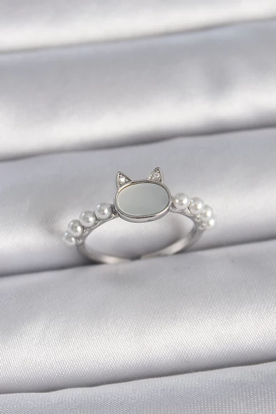 Gümüş Renk Ayarlanabilir Beyaz Mineli Kedi Model İnci Detay Kadın Yüzük - EBJ261410W29246 ürün görseli