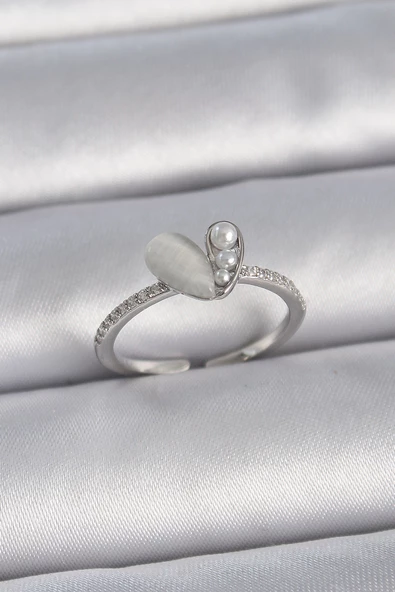 Gümüş Renk Ayarlanabilir Zirkon Taşlı İncili Beyaz Mineli Kalp Model Kadın Yüzük - EBJ261410W29236 ürün görseli