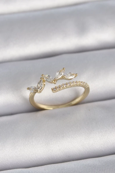 Gold Renk Ayarlanabilir Zirkon Taşlı Yaprak Model Kadın Yüzük - EBJ261410W29237 ürün görseli