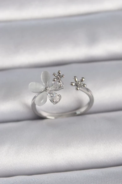 Gümüş Renk Ayarlanabilir Zirkon Taşlı Beyaz Mineli Yaprak Model Kadın Yüzük - EBJ261410W29258 ürün görseli