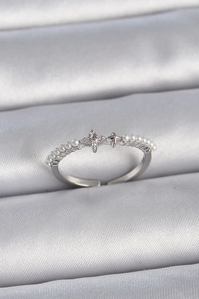 Gümüş Renk Zirkon Taşlı Sıralı İnci Ayarlanabilir Model Kadın Yüzük - EBJ261410W29226 ürün görseli