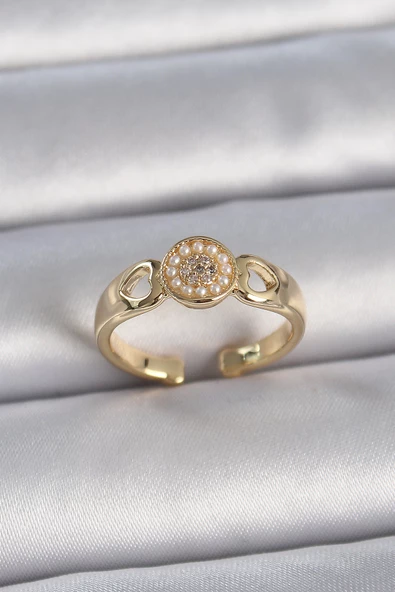 Gold Renk Zirkon Taşlı İncili Kalp İşleme Detay Ayarlanabilir Kadın Yüzük - EBJ261410W29217 ürün görseli
