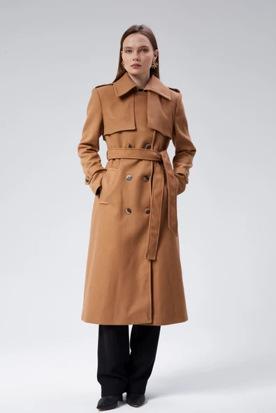 Kadın Regular Rüzgarlık Detaylı Kaşe Kaban - Resim 19