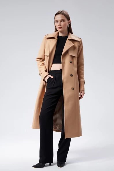 Kadın Regular Rüzgarlık Detaylı Kaşe Kaban - Resim 17