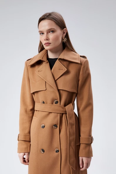 Kadın Regular Rüzgarlık Detaylı Kaşe Kaban - Resim 11