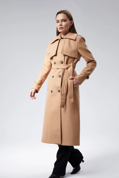 Kadın Regular Rüzgarlık Detaylı Kaşe Kaban - Resim 14