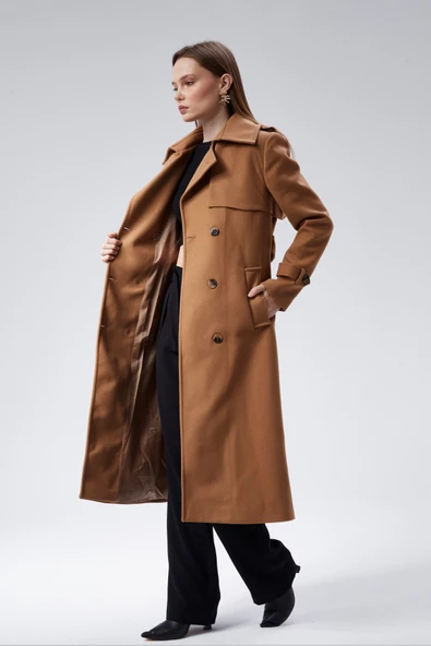 Kadın Regular Rüzgarlık Detaylı Kaşe Kaban - Resim 24