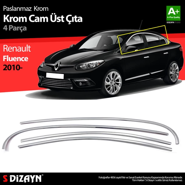 S-Dizayn Renault Fluence Krom Cam Üst Çıtası 4 Prç 2010-2016