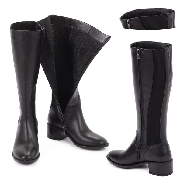 Kadın Hakiki Deri Ekstra Geniş Konçlu 5cm Topuklu Çizme - Resim 5