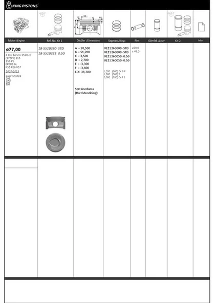 PİSTON SEGMAN 1 RİKEN SEG. 0.50 77 050 ÜST ÖLÇÜ BMW-PEUGEOT EP6D1.6L-R55 R56 R57 MİNİ COOPER 208 3008 308 508 87-71806-050 87-71806-050-8771806050000G ürün görseli 1