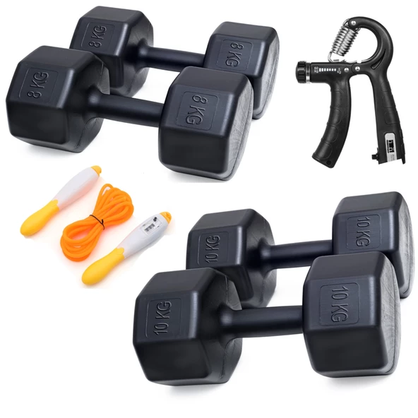 PS SPOR  2 Lİ DAMBIL SET 8 KG 2 ADET 10 KG 2 ADET SAYAÇLI AYARLANABİLİR EL YAYI + SAYAÇLI ATLAMA İPİ