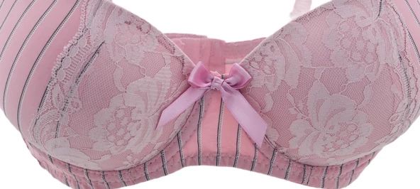 ZEITGEIST Balenli Dolgulu Push Up B Cup Destekli Dantelli Pembe Çizgi Desenli Sütyen No:43 - 3