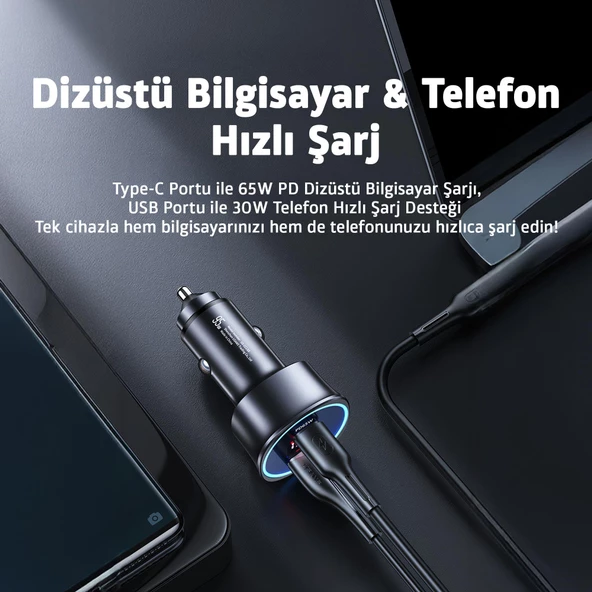 Usams US-CC146 95W (Type-C+USB) Çift Bağlantı Noktalı Hızlı Araç Şarj Soketi-Gri - 5