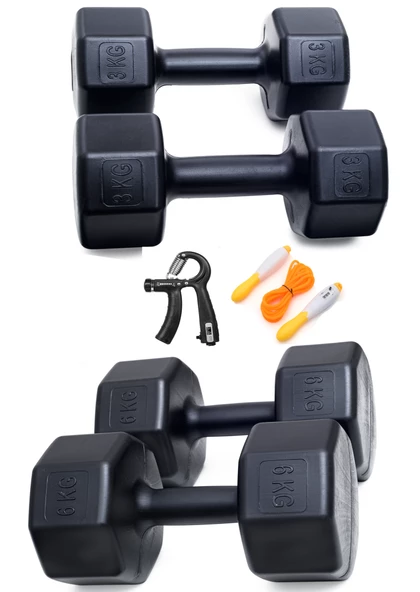 18 Kg Dambıl Set 6Kg X2 3Kg X2 SAYAÇLI AYARLANABİLİR EL YAYI + SAYAÇLI ATLAMA İPİ
