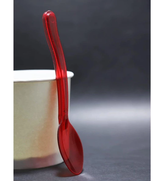Plastik Şeffaf Kırmızı Sup Kaşık - Tatlı Dondurma Kaşığı - 12.5 Cm. - 50 Adetlik 5 Paket - Resim 2