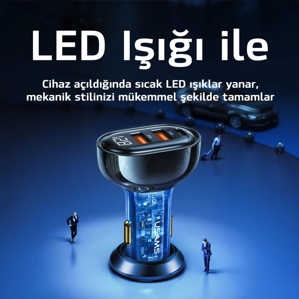 Usams US-CC158 125W (Type-C+USB) Üç Bağlantı Noktalı Hızlı Araç Şarj Soketi-Siyah - 4
