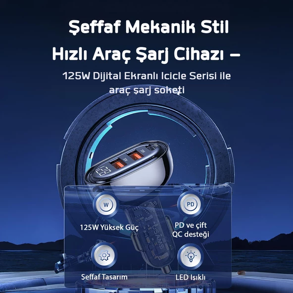 Usams US-CC158 125W (Type-C+USB) Üç Bağlantı Noktalı Hızlı Araç Şarj Soketi-Siyah - 2