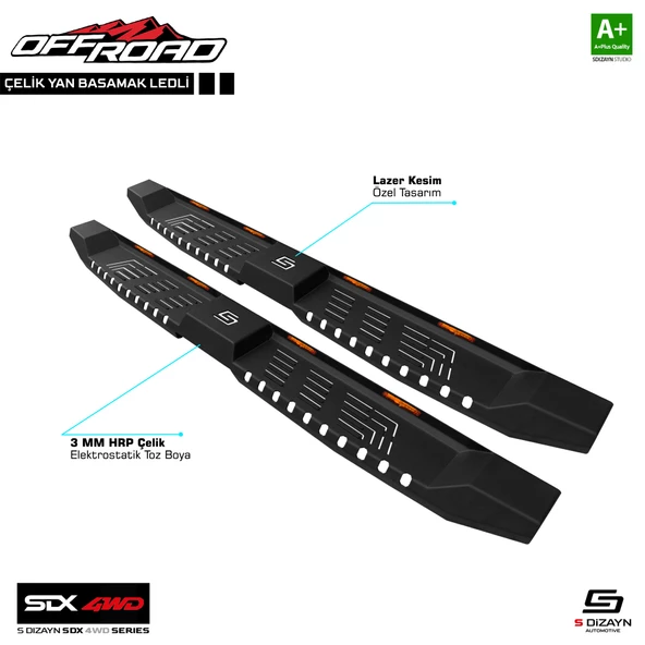 S-Dizayn SDX 4WD Off Road Nissan Navara 2 Çelik Yan Basamak 205 Cm Ledli V2 2005-2015 A+ Kalite