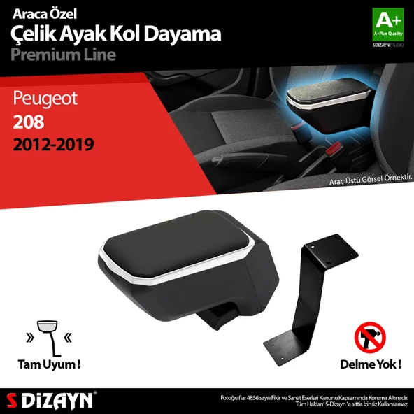 S-Dizayn Peugeot 208 Kol Dayama Kolçak Çelik Ayaklı ABS Gri 2012-2019 A+Kalite