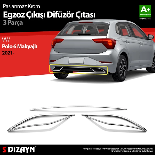 S-Dizayn VW Polo 6 HB Makyajlı Krom Egzoz Çıkışı Difüzör 2021 Üzeri