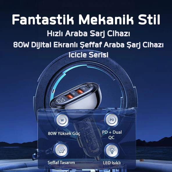 Usams US-CC159 80W (Type-C+USB) Üç Bağlantı Noktalı Hızlı Araç Şarj Soketi-Siyah - 2