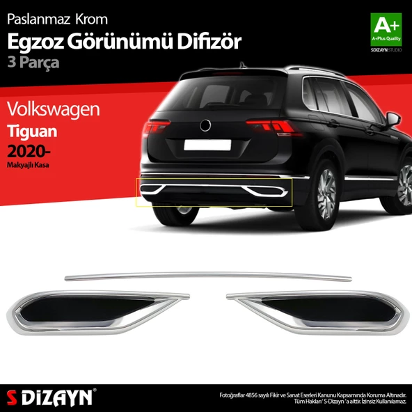 S-Dizayn VW Tiguan Krom Egzoz Görünümü Difüzör 3 Parça 2020-2024 A+Kalite