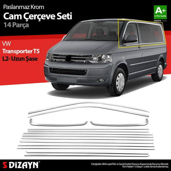 S-Dizayn VW Transporter T5 Uzun Şase Krom Cam Çerçeve Seti 2003-2015 Tek Sürgü A+ Kalite