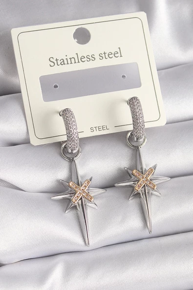 MuI MuI 316L Çelik Gümüş Renk Sallantı Zirkon Taşlı Kutup Yıldızı Model Kadın Küpe