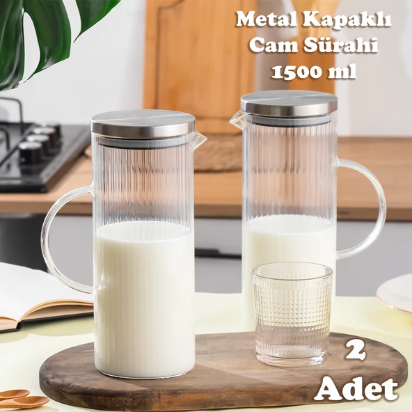 Porsima Alisa 2'li Borosilikat Cam Sürahi Metal Kapaklı Cam Karaf - Detoks Sürahi 1500 ML