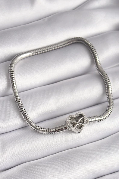 MuI MuI 316L Çelik Gümüş Renk Zirkon Taşlı Sonsuzluk Kalp Charm Model Kadın Bileklik