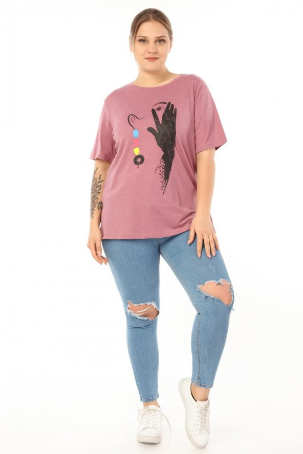 Pianoluce Kadın Büyük Beden Baskılı Yarım Kol T-Shirt - 6