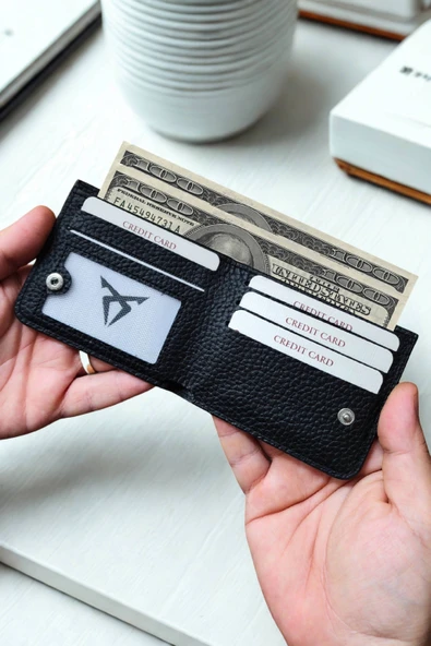 İsim Baskılı Vegan Deri Cüzdan Süper Ince Model 5 Adet Kart Kapasiteli Gizli Çıtçıtlı Kapama Siyah - 3