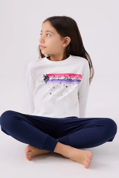 U.S. Polo Assn. 1962 Garson Yıldızlı Kız Çocuk Krem Uzun Kol Pijama Takım - 3