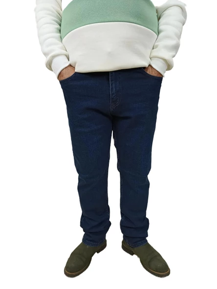 Erkek Denim Yüksek Bel Fermuarlı Regular Fit Likralı Koyu Mavi Kot Pantolon