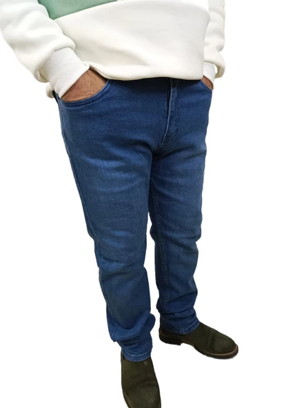 Erkek Denim Yüksek Bel Fermuarlı Regular Fit Likralı Mavi Kot Pantolon - 3