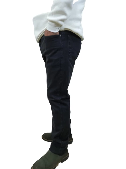 Erkek Denim Yüksek Bel Fermuarlı Regular Fit Likralı Siyah Kot Pantolon - 2