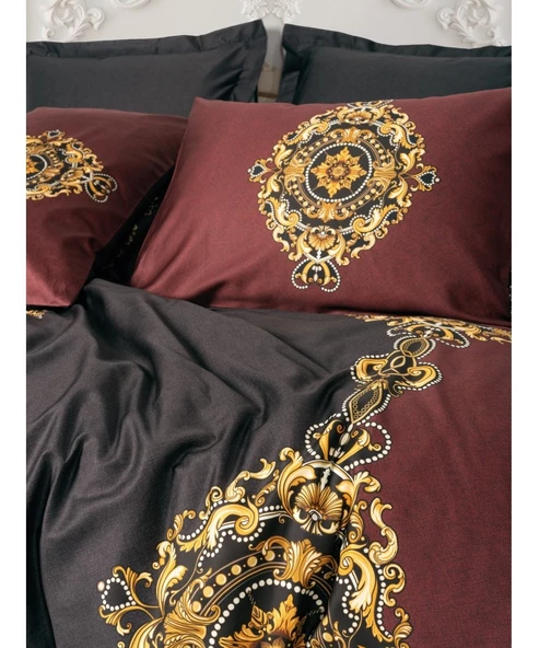 Cotton Box Palace Saray Modeli Pamuk Saten Çift Kişilik Nevresim Takımı-Ebren Antrasit (4 Yastıklı) - 2