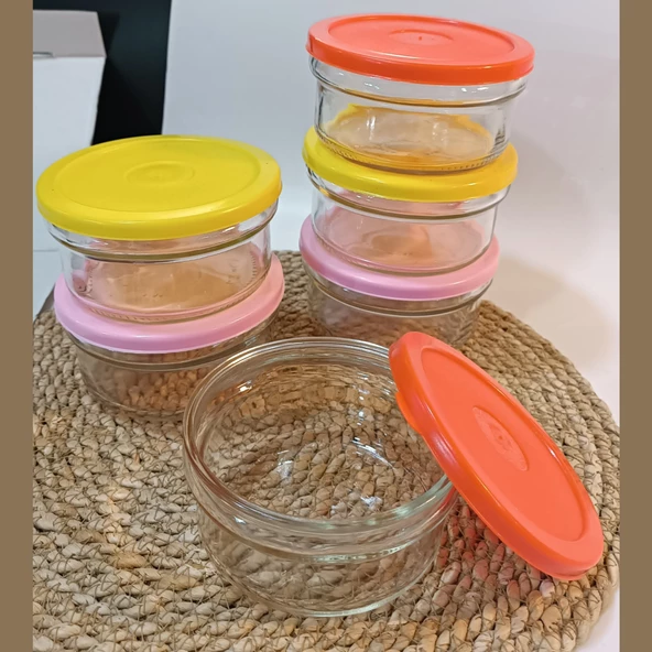 Kahvaltılık Reçellik Çerezlik Renkli Kapaklı Kalın Cam Kase Saklama Kabı 6'lı - 4