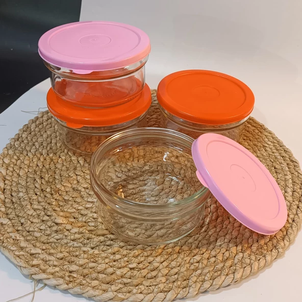 Kahvaltılık Reçellik Çerezlik Renkli Kapaklı Kalın Cam Kase Saklama Kabı 4'lü - 5