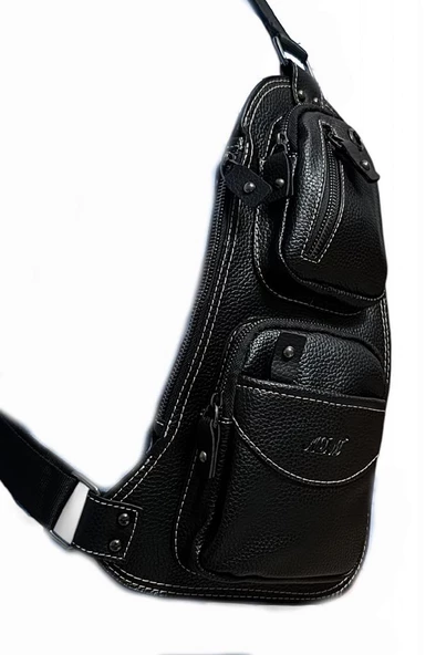 Body Bag Tek Askılı Erkek Sırt Omuz Çanta Siyah Renk Göğüs Çantası Vegan Deri BadyBag - 7