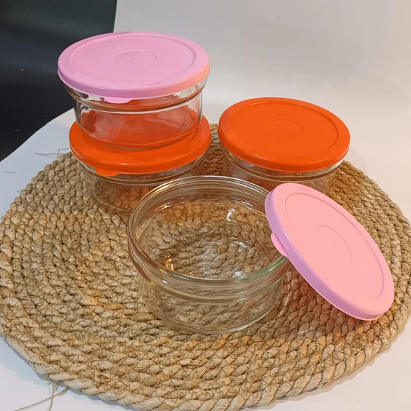 Kahvaltılık Reçellik Çerezlik Renkli Kapaklı Kalın Cam Kase Saklama Kabı 4'lü