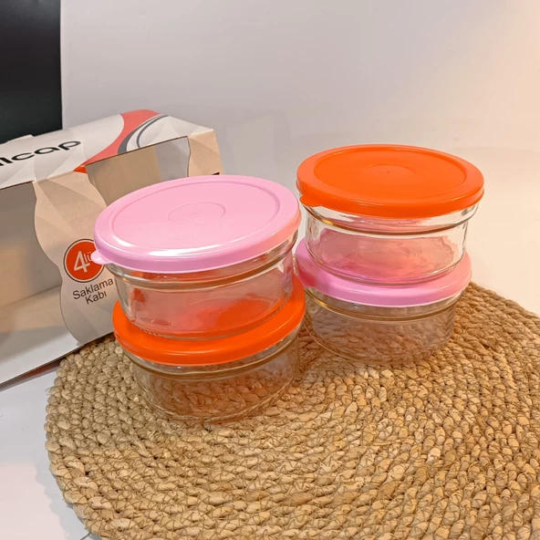 Kahvaltılık Reçellik Çerezlik Renkli Kapaklı Kalın Cam Kase Saklama Kabı 4'lü - 3