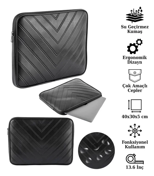 Notebook Laptop Macbook Çantası Suni Deri 13"-13.6" inç - 800-DÜZ Siyah - 2