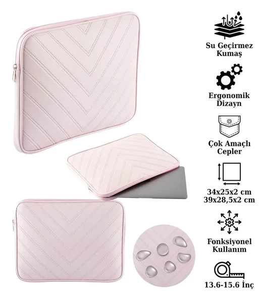 Notebook Laptop Macbook Çantası Suni Deri 13"-13.6"-14"-15.6" inç - 800-DÜZ Açık Pembe - 2