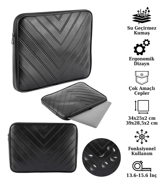 Notebook Laptop Macbook Çantası Suni Deri 13"-13.6"-14"-15.6" inç - 800-DÜZ Siyah - 2