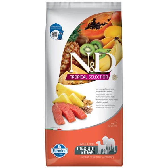 Nd tropical selection köpek 10kg medium maxi adult somonlu tropikal meyveli köpek maması büyük ırklar için