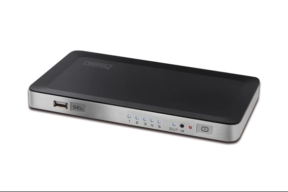 Digitus 5 Port HDMI Switch, 4 Giriş (HDMI Arayüzlü Kaynak Cihaz), 1 Çıkış (HDMI Arayüzlü Görüntü Aygıtı), 1 PC Bağlantısı (USB)<br>Digitus HDMI Video Switch 4+1 PORT + Integrated PC Connection