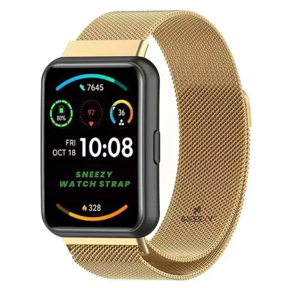 Huawei Watch Fit 2 Metal Hasır Kordon Woven Wire Metal Tasarım Kordon  Gold