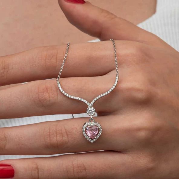 Lucky Life Kadın Gümüş Pembe Zirkon Taşlı Kalp Kadın Kolye