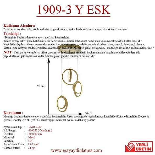 Eray Aydınlatma 1909-3 Eskitme 3 lü Led Avize - 4